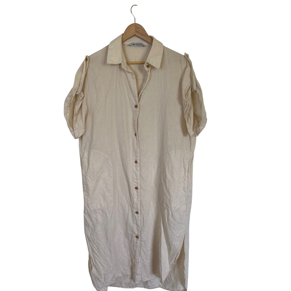 Zara Cream Linen Blend Button Down Midi Shirt‎ Dress with Pockets XS